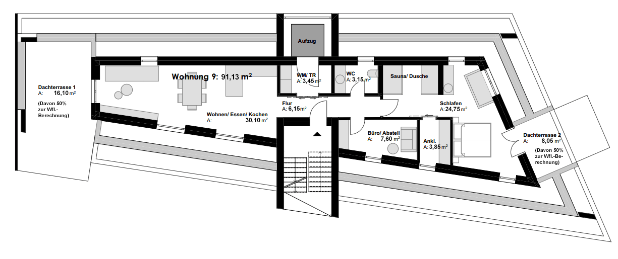 Grundriss der Eigentumswohnung 9 im Dachgeschoss in Vallendar.